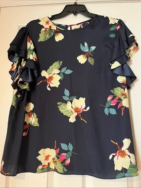 Express Navy Floral Ruffle Sleeve Blouse